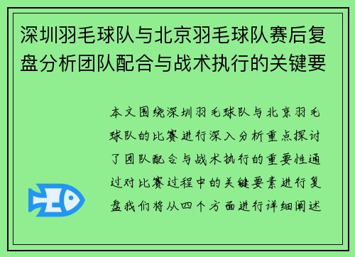 深圳羽毛球队与北京羽毛球队赛后复盘分析团队配合与战术执行的关键要素