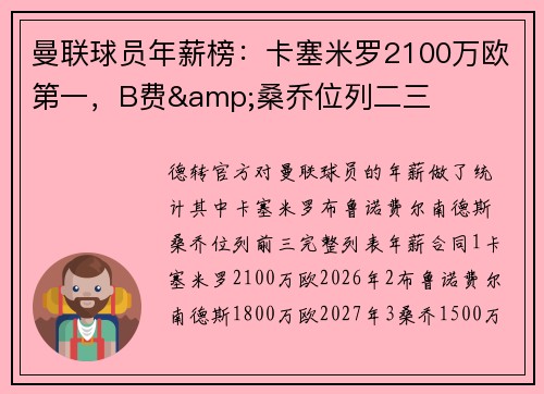 曼联球员年薪榜：卡塞米罗2100万欧第一，B费&桑乔位列二三
